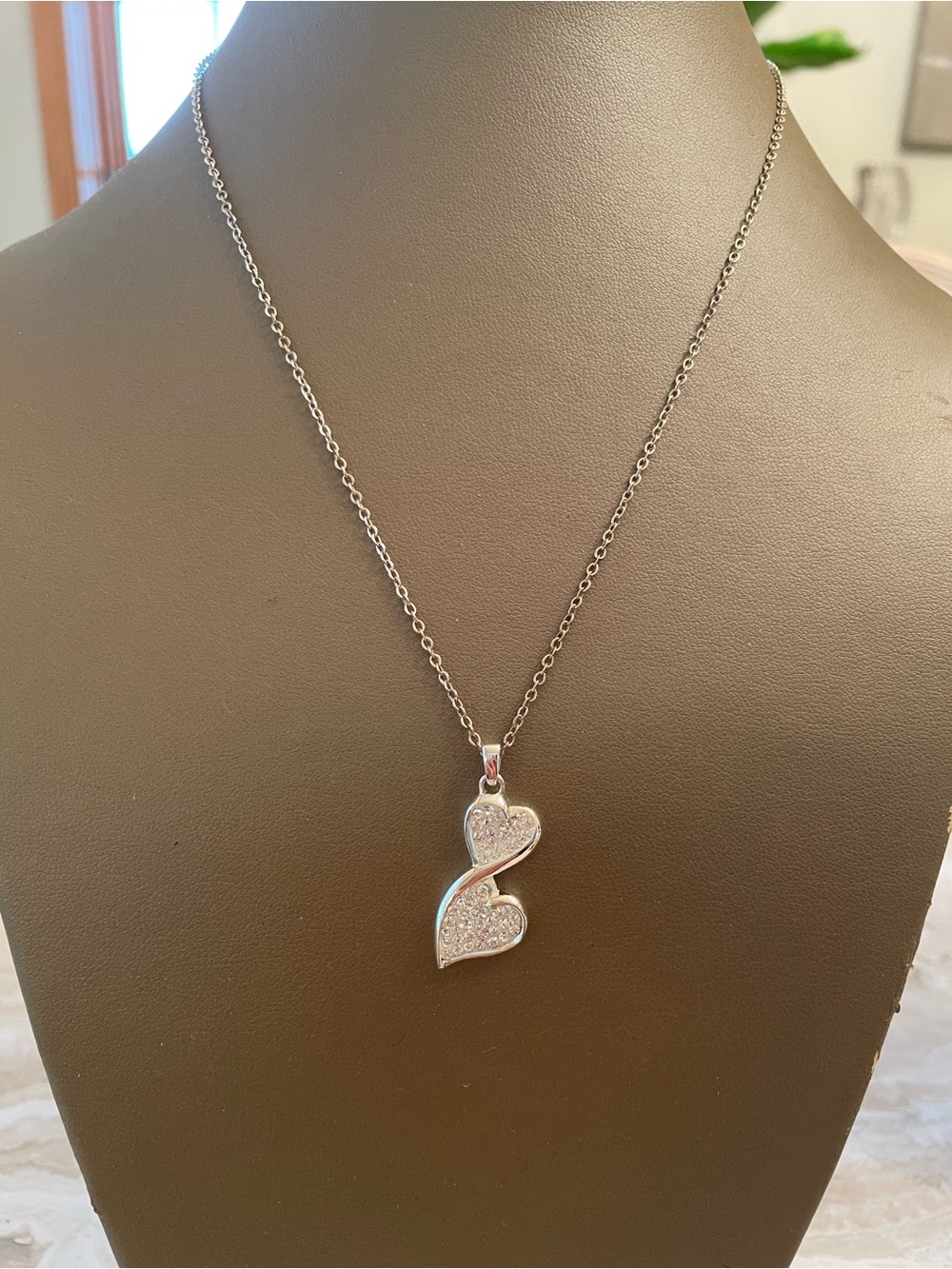 Silver Pave Double Heart Mother/Daughter Pendant Necklace